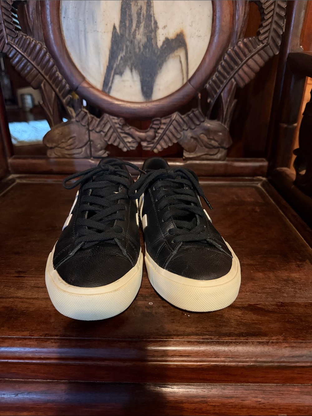 Veja Black Leather Low-Top Sneakers with White V Accent - Picture 2 of 5